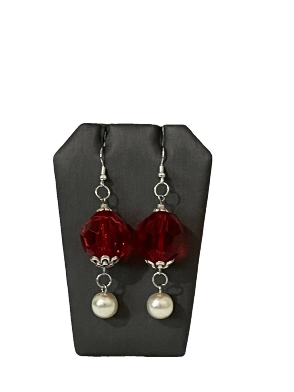 Christmas Earrings Red Faceted Crystal Bead White Pearl Drop Dangle Holiday Gift
